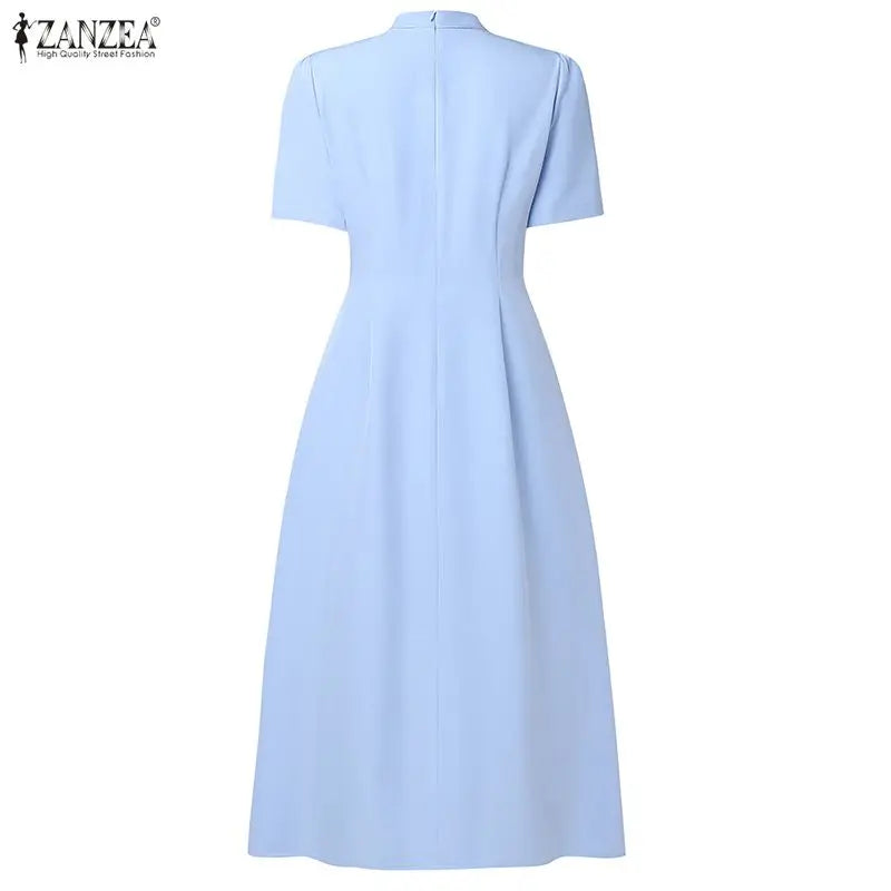 ZANZEA Elegant Office Lady Dresses Women 2026 Summer Dress Stylish A Line Waisted Party Sundress Short Sleeve Pleated Midi Robe