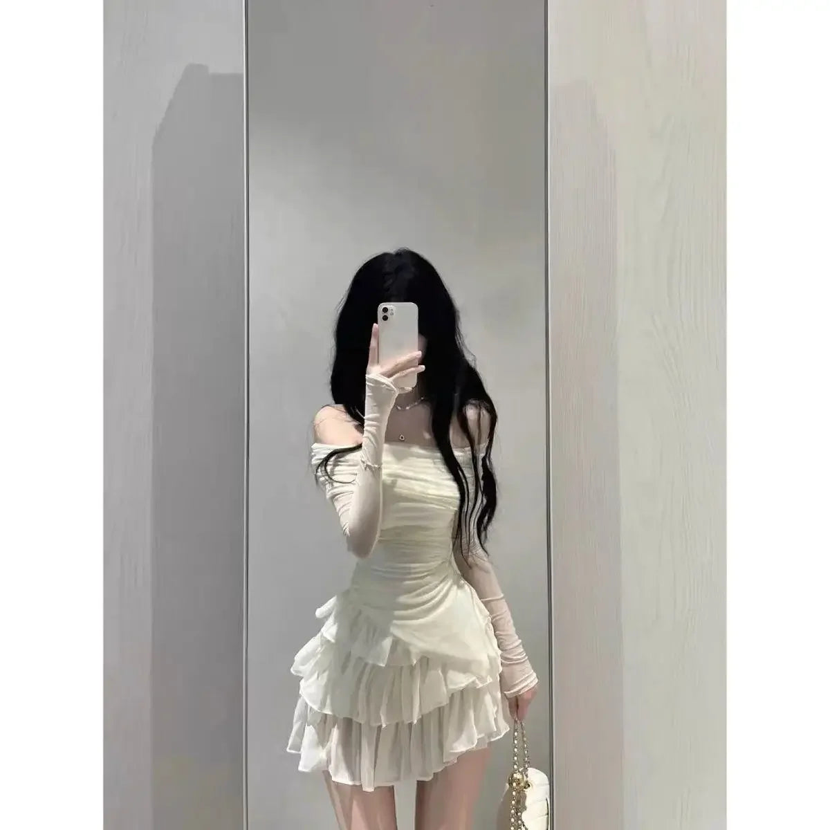 Elegant High-End Feel Summer Fashion 2-Piece Set For Women Off-Shoulder Slimming Top With Cake Skirt Versatile Stylish Dressing
