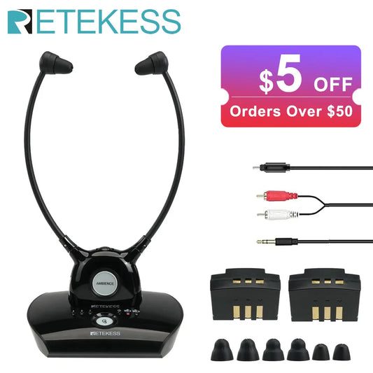 Retekess TA008 TV Hearing Aid Headphone Wireless TV Headset System 2.4GHz Wireless Headphone for Seniors 3 Tones Dual Batteries
