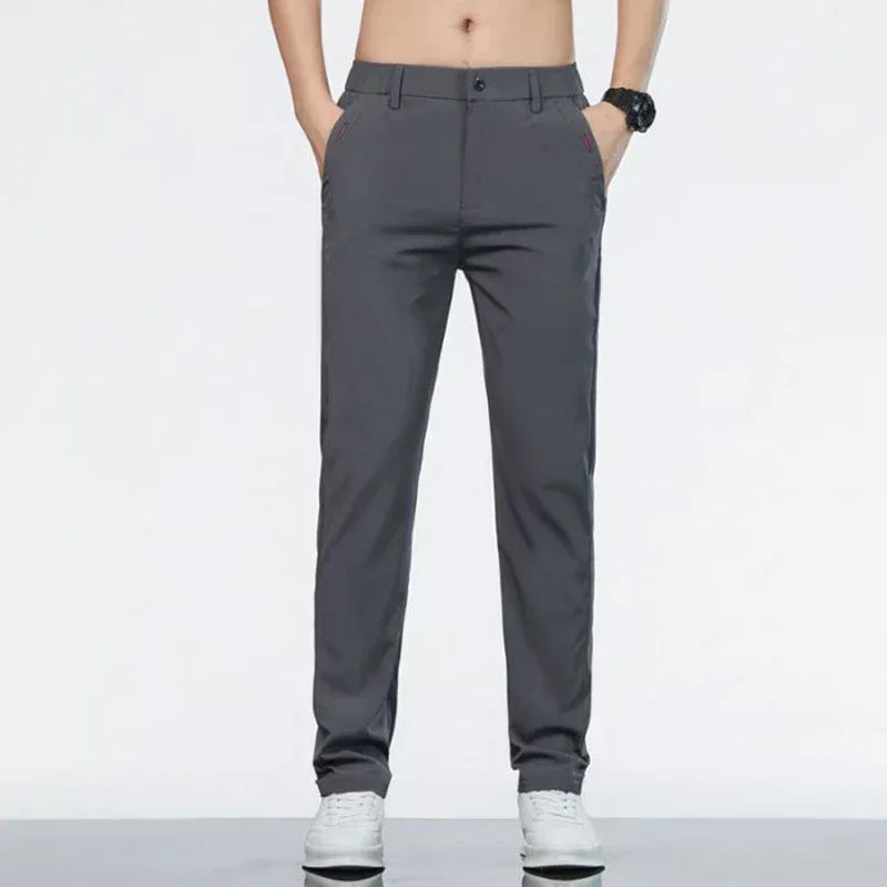 Men Ice Silk Thin Classic Casual Pants Male Slim Fit Straight Leg Daily Business Trousers Fashion Elastic Waist Black Gray Pants