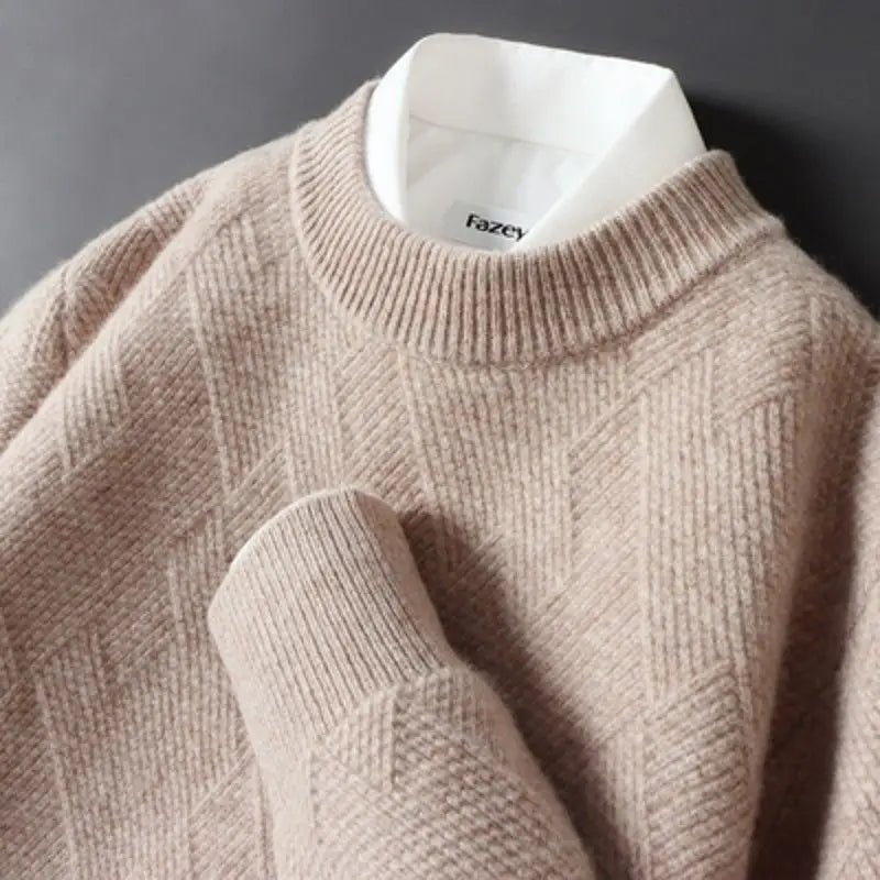 Men's Cashmere Sweater Loose and Thick Jacquard Crewneck Sweater Autumn and Winter New Solid Color Men's Knit Bottom Sweater