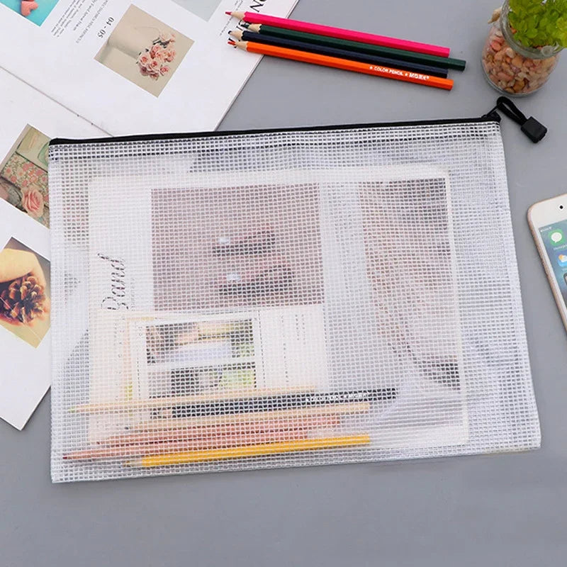 PVC Stationery Storage Bag Folder File Mesh Zipper Pouch A4 A5 A6 A3 Document Bag File Folders School Office Supplies Organizer