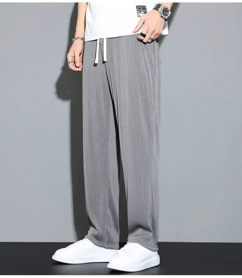 Summer Loose Ice Silk Pants Men's Drape 100KG Size Long Pants Fat Casual Sports Pants Wide Leg Straight Pants Tide Brand