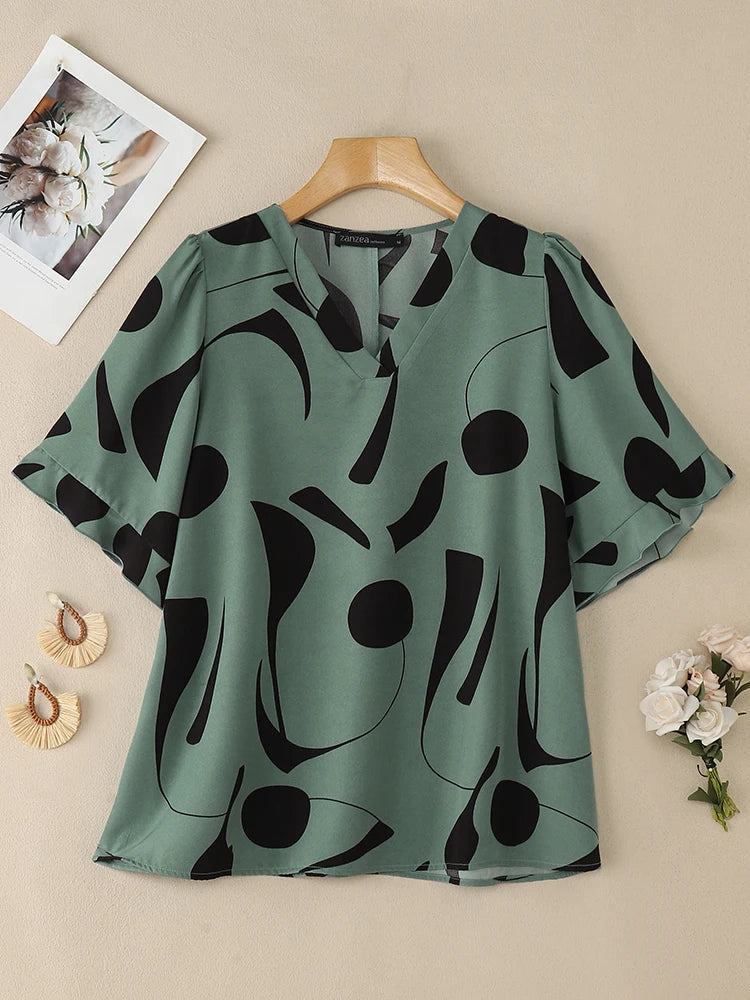 2026 ZANZEA Summer Blouse Women Casual V Neck Short Sleeve Printed Tops Female Loose Chemise Tunic Elegant Work Shirt Oversize