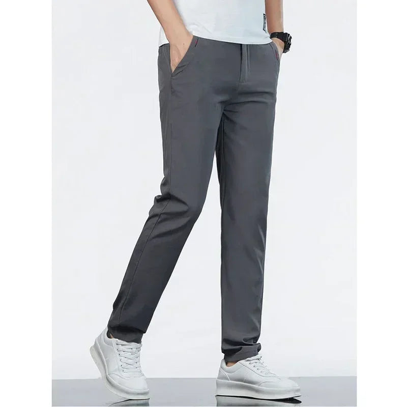 Men Ice Silk Thin Classic Casual Pants Male Slim Fit Straight Leg Daily Business Trousers Fashion Elastic Waist Black Gray Pants