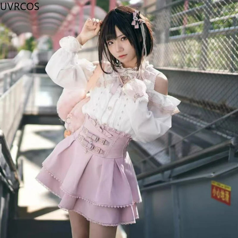 2025 Japanese Kawaii Short Skirt Sets Sweet Ruffles Off Shoulder Bow Shirt Gown Faldas Y2k Aesthetic Mini Skirts Lolita Full Set