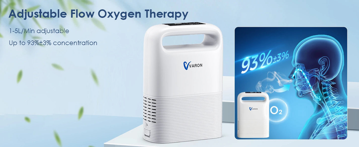 Varon Portable 93±3% Oxygen Concentration Pulse Dual Oxygen Delivery Modes 6 Levels Rechargeable Battery For Outdoor Travel Use