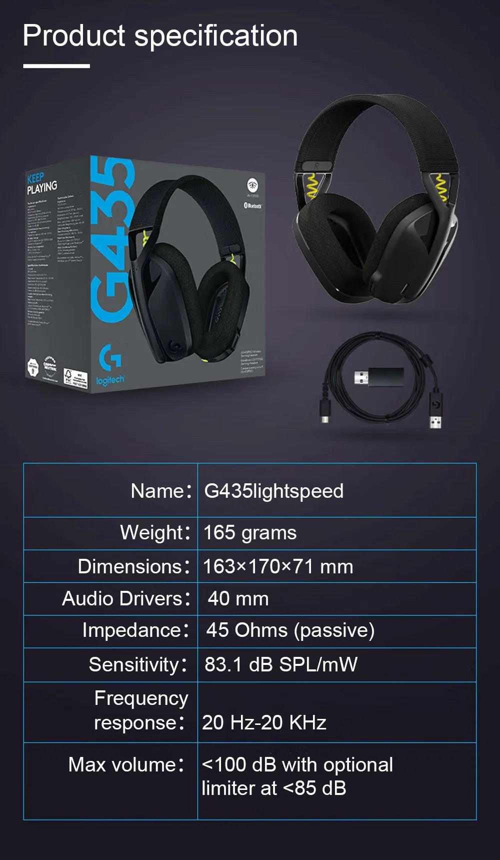 Logitech G435 LIGHTSPEED Wireless Gamer Headset USB Bluetooth/2.4 G Connection Built-in Microphone Gaming Headphone for PC/PS