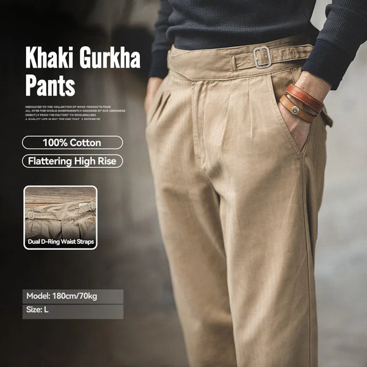 Maden Vintage Adjustable High Waist Gurkha Pants Khaki Casual Cargo Work Pants Classic Straight Trousers for Men's Spring Fall