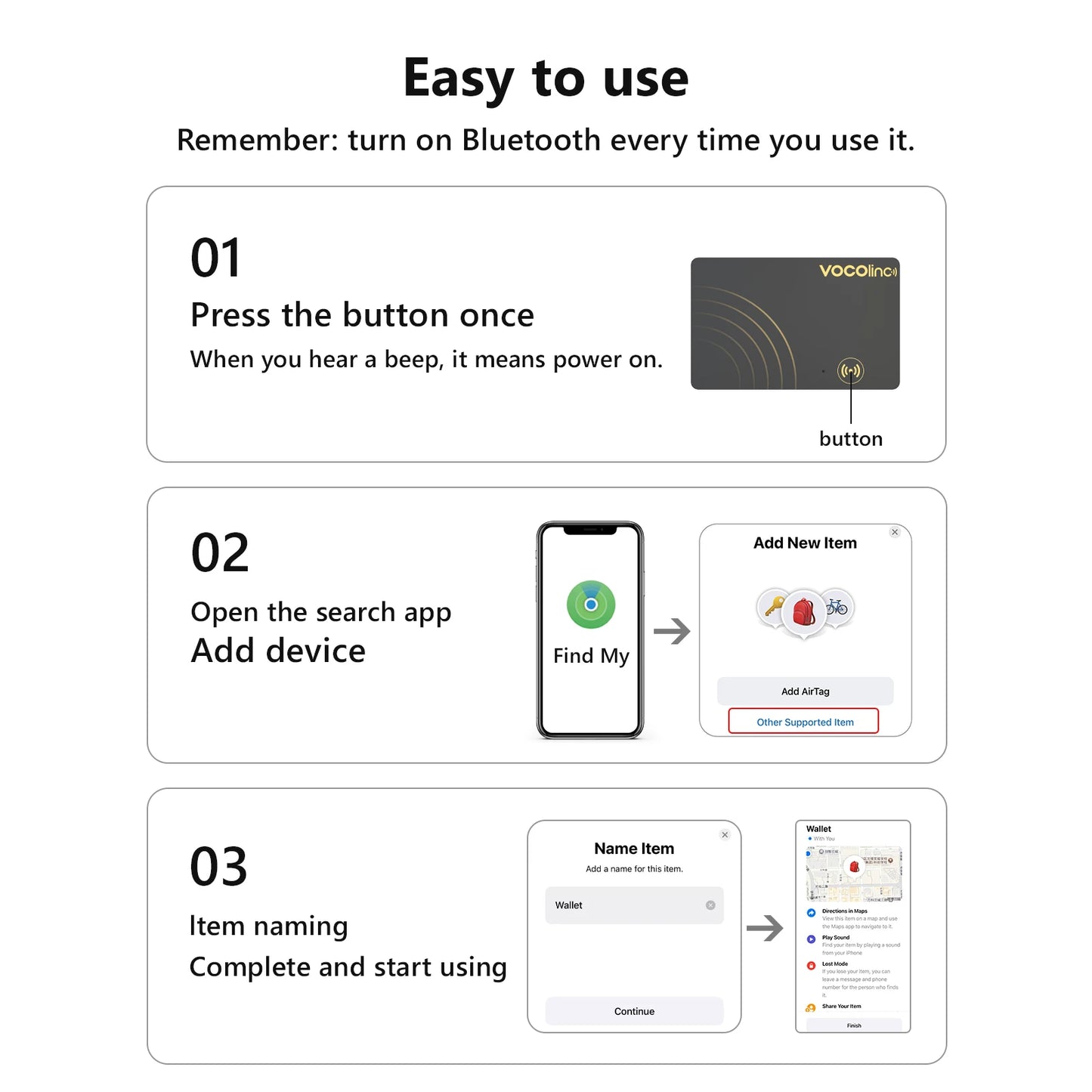 1/2Pcs VOCOlinc Wireless Charging Bluetooth Tracking Card,Global locator, Smart Tag, Item Finder, Use with Find My (IOS Only)