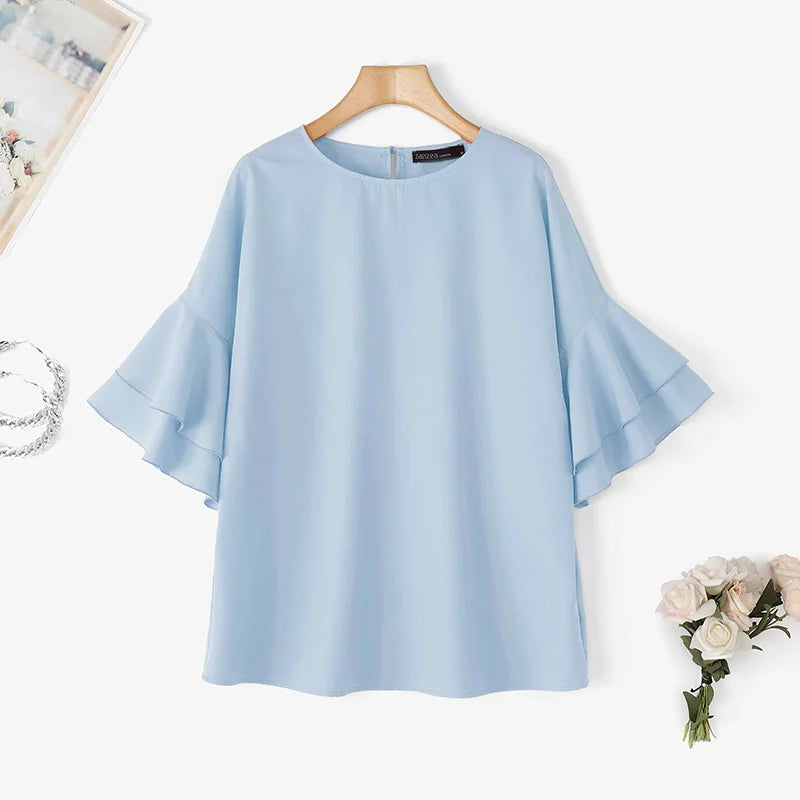 ZANZEA 2025 Fashion Summer Blouse Women Flare Sleeve Casual Tops Loose Ruffled Shirts Solid Color Elegant OL Blusas Femininas