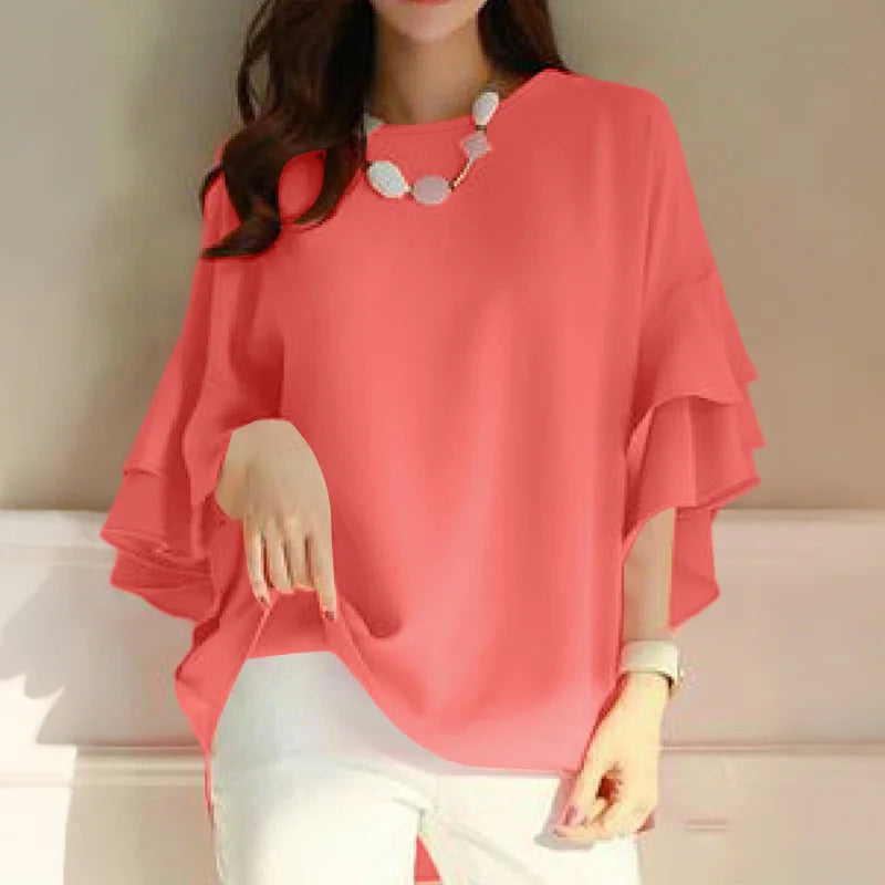 ZANZEA 2025 Fashion Summer Blouse Women Flare Sleeve Casual Tops Loose Ruffled Shirts Solid Color Elegant OL Blusas Femininas
