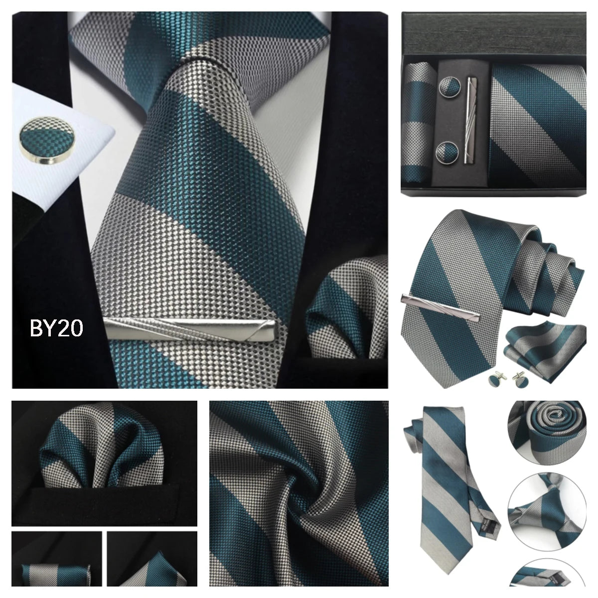 Classic 100% Silk Men's Ties In Gift box 8cm Plaid Dot Striped Business Necktie Handkerchief Cufflinks Wedding Party Tie Set