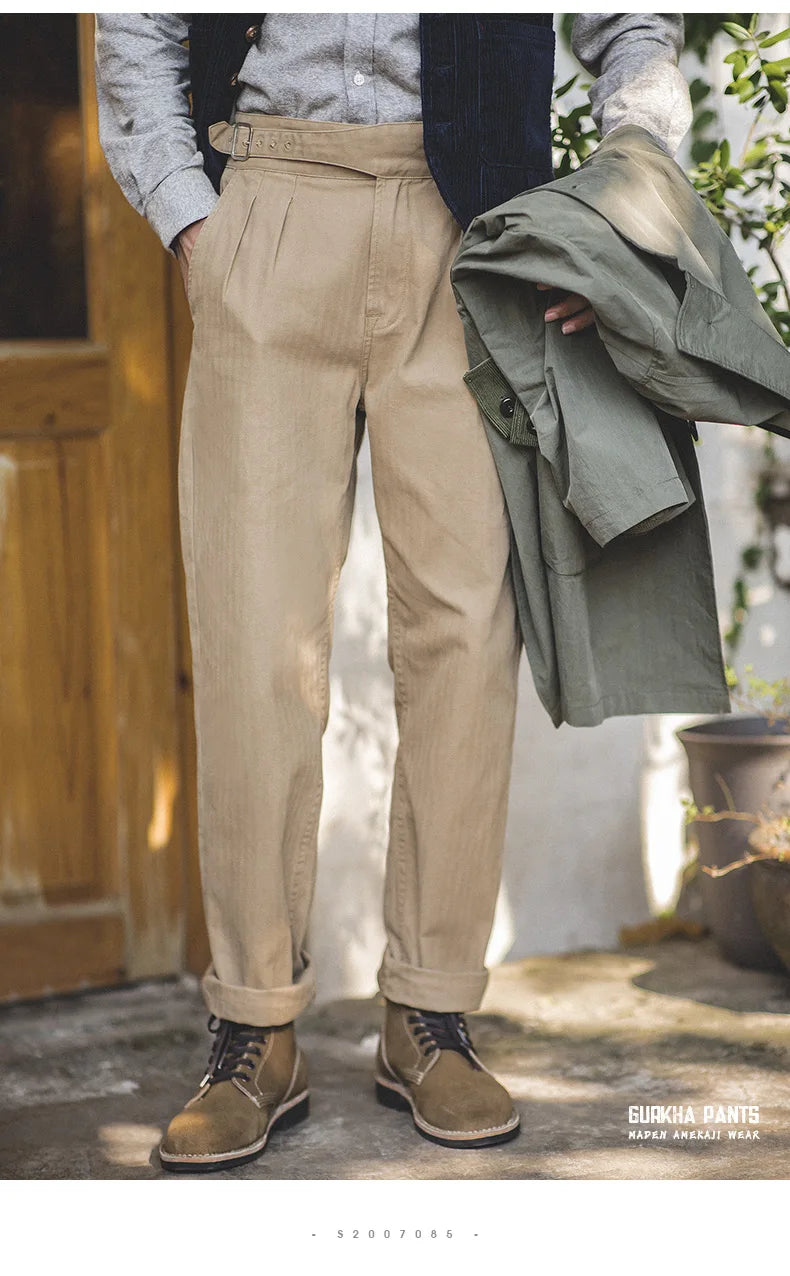 Maden Vintage Adjustable High Waist Gurkha Pants Khaki Casual Cargo Work Pants Classic Straight Trousers for Men's Spring Fall