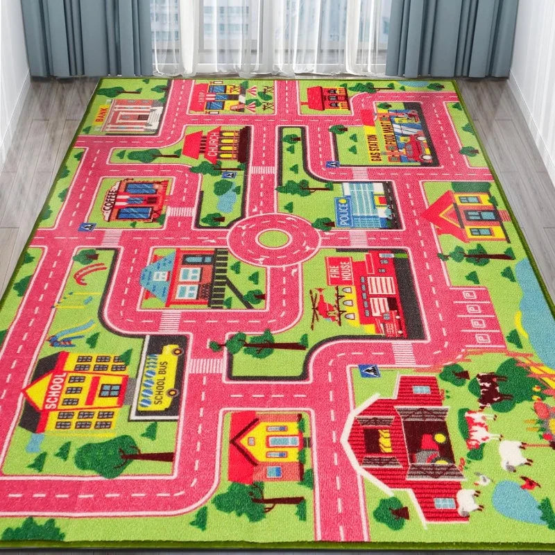 Boy and Girl Game Carpet Blue Pink Green Soft Climbing Mat Urban Road Rail Transit Carpet Office Children's Room Decoration
