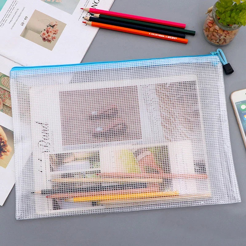PVC Stationery Storage Bag Folder File Mesh Zipper Pouch A4 A5 A6 A3 Document Bag File Folders School Office Supplies Organizer