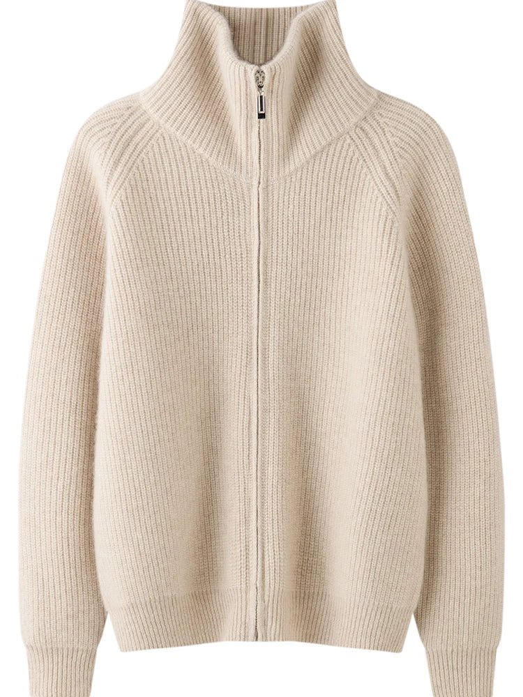 Autumn and winter women's clothing 100% pure cashmere collar thick knit zipper cardigan oversized coat sweater long sleeve loose
