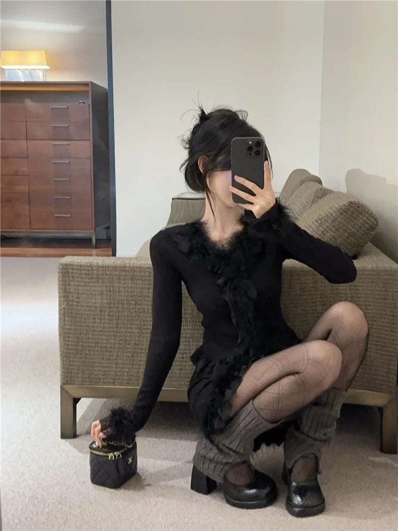 Autumn Winter Lace Splice Knitted Sve High Waist Slim Fit Bodycon Skirt Set V-Ne Soft Pure Desire Long Sve T-irt