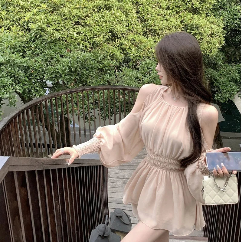 oulder Bared Bubble Sve High Waist ort Set Women's Faion 2025 Autumn Spring Chiffon Top And orts Two Piece Set