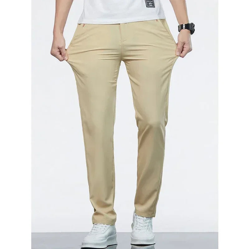 Men Ice Silk Thin Classic Casual Pants Male Slim Fit Straight Leg Daily Business Trousers Fashion Elastic Waist Black Gray Pants