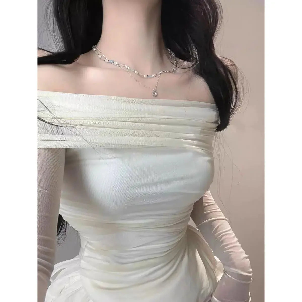 Elegant High-End Feel Summer Fashion 2-Piece Set For Women Off-Shoulder Slimming Top With Cake Skirt Versatile Stylish Dressing