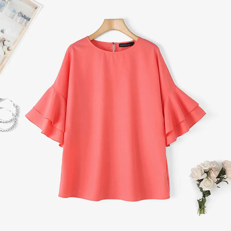 ZANZEA 2025 Fashion Summer Blouse Women Flare Sleeve Casual Tops Loose Ruffled Shirts Solid Color Elegant OL Blusas Femininas