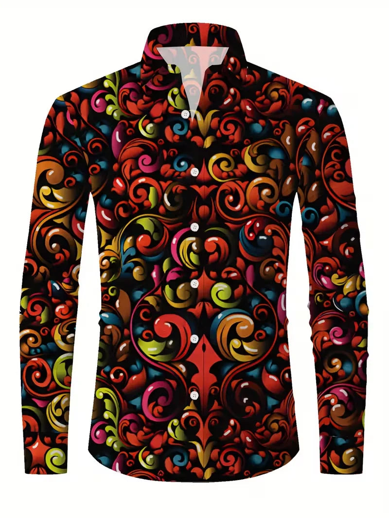 New men's long sleeved shirt with casual plaid pattern and branch print collar, versatile and comfortable top clothing