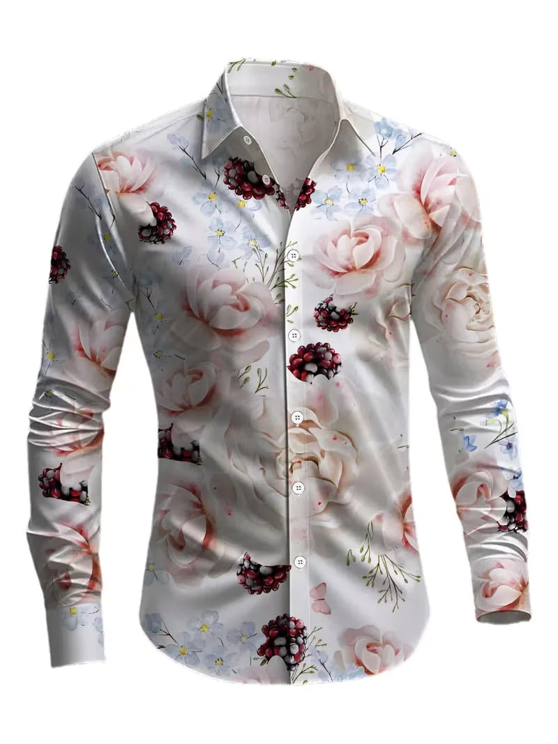 New men's long sleeved shirt with casual plaid pattern and branch print collar, versatile and comfortable top clothing