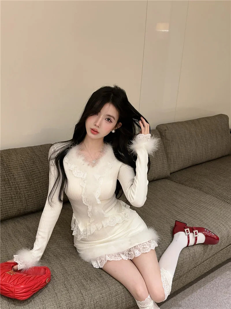 Autumn Winter Lace Splice Knitted Sve High Waist Slim Fit Bodycon Skirt Set V-Ne Soft Pure Desire Long Sve T-irt