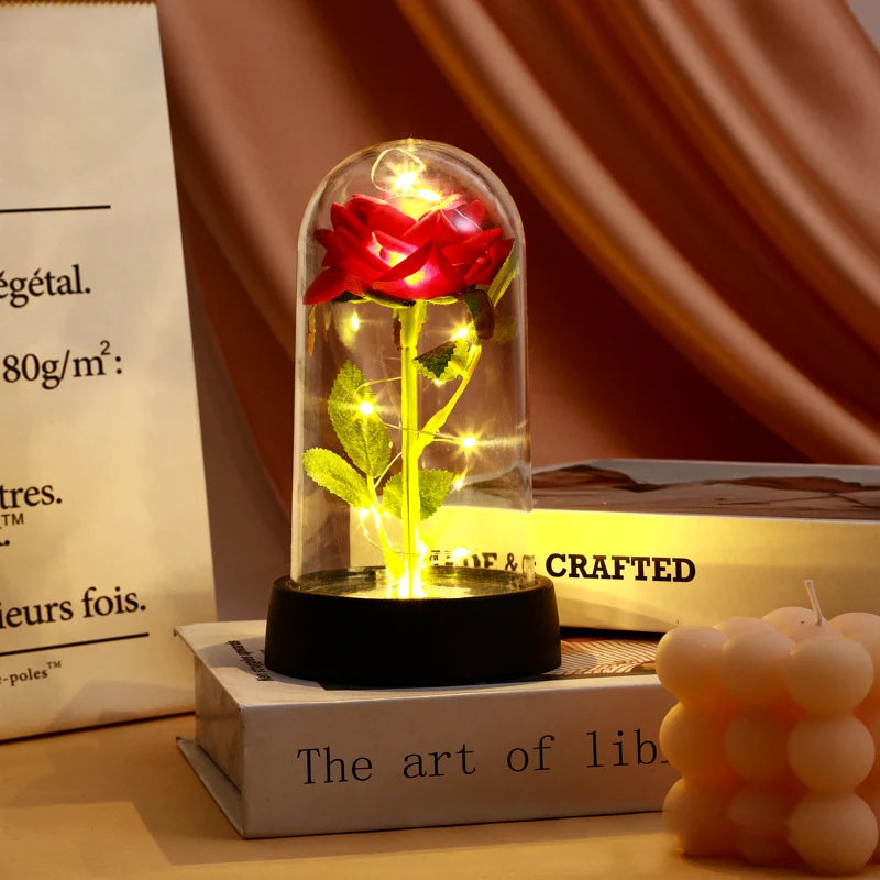 Artificial Rose Flowers Eternal Rose LED Light Foil Flower in Glass Cover Simulation Rose Flower Christmas Valentine's Day Gifts