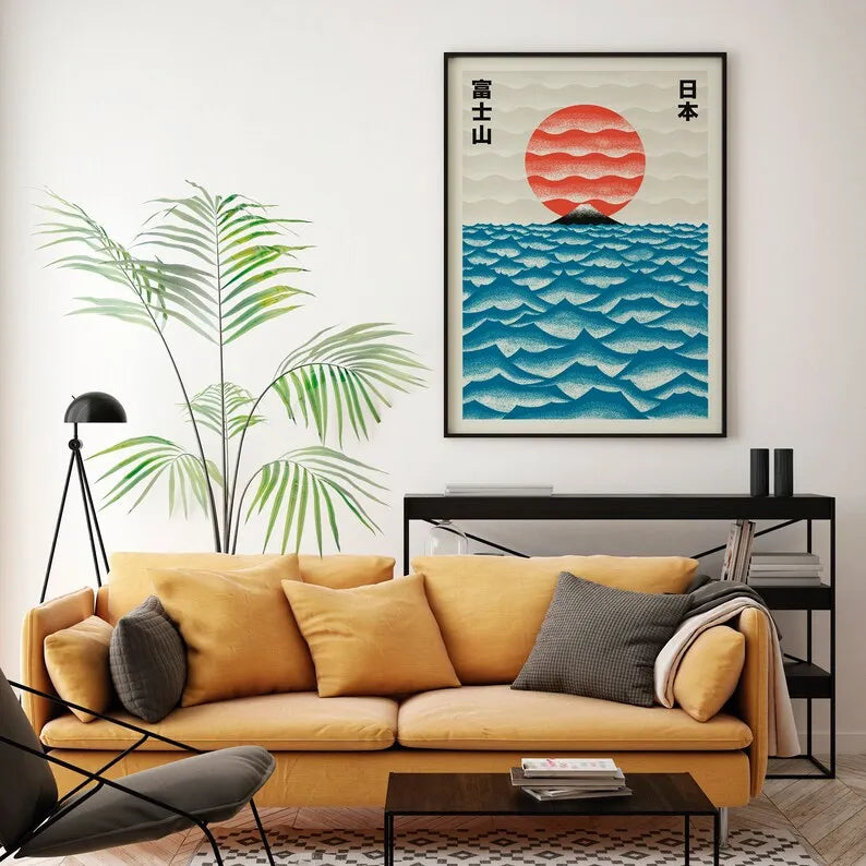 Japanese Contemporary Tokyo Artworks Poster Big Sunrise Waves Mount Fuji Monster Canvas Painting Wall Art Living Room Home Decor