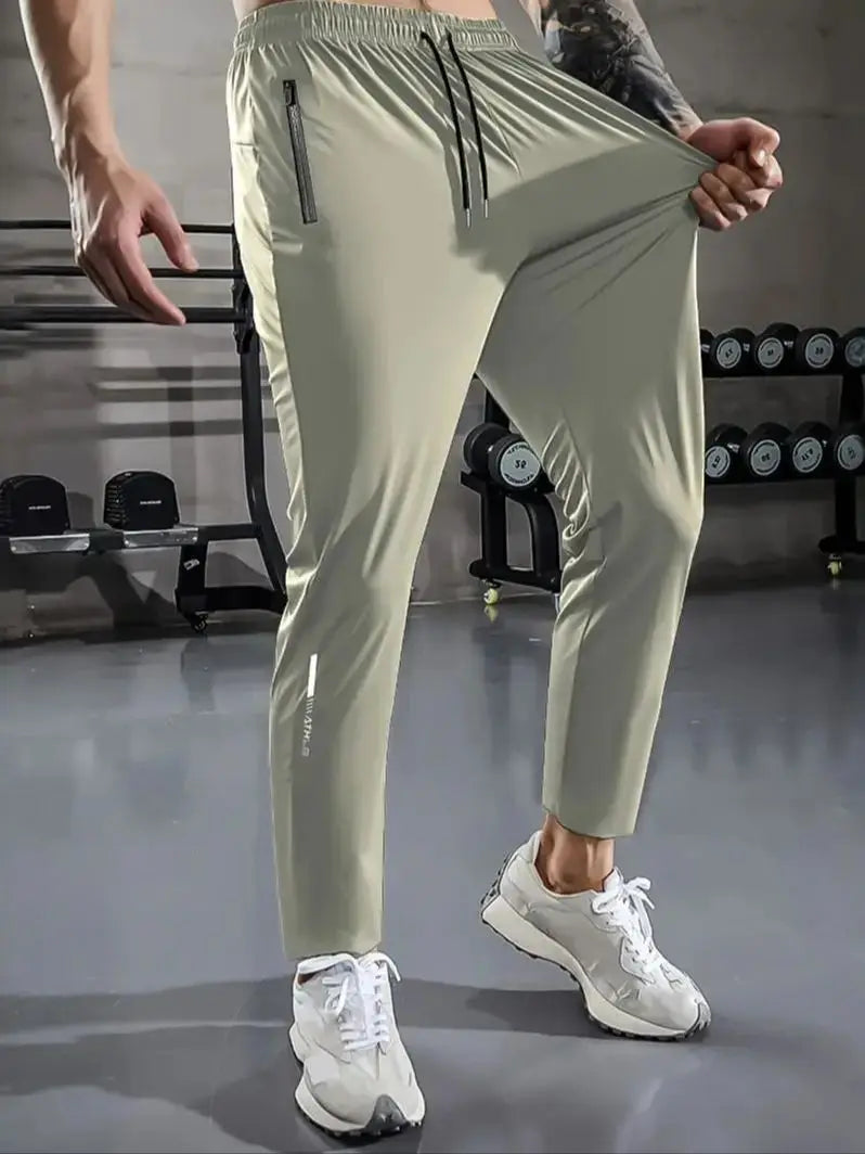 [Home Relaxation] Men's Casual Sports Pants, High Stretch Woven Fabric, Solid Color, Regular Fit with Drawstring Waist and Zippe
