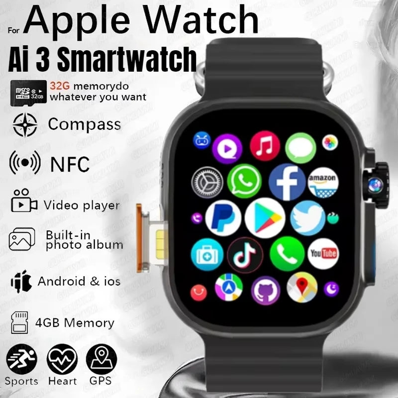 New Ultra Ai3 Smartwatch 4G Android Amoled HD Camera GPS WIFI Google Play Store App Download Game Bluetooth Smart Watch