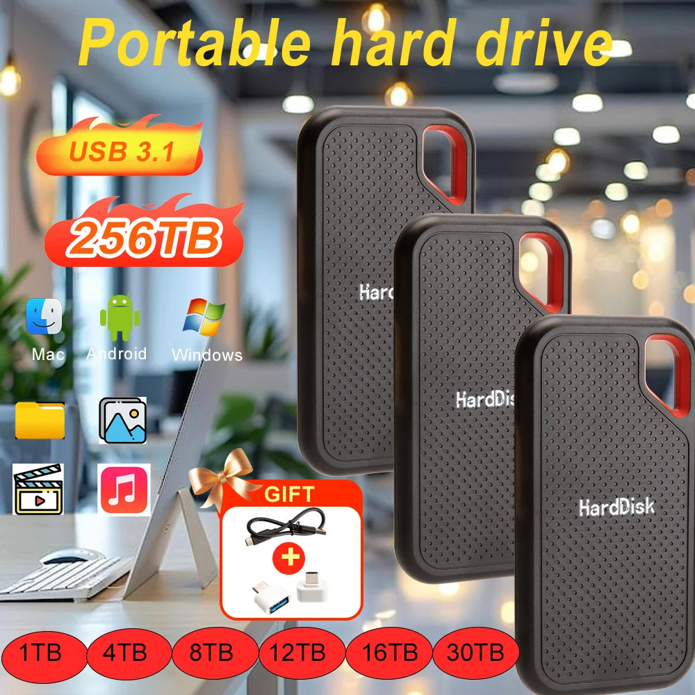 Genuine High-speed 1TB/2TB Portable SSD 4TB External Hard Drive 256TB USB3.2 Type-C Solid-state Drive for Laptop/MAC/PC