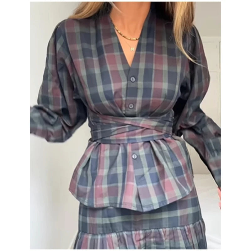 Women Chic Lace Up Checkered Skirt Suit Elegant V-neck Long Lantern Sleeve Top Long Skirts Set 2026 Spring Lady Commute outfits