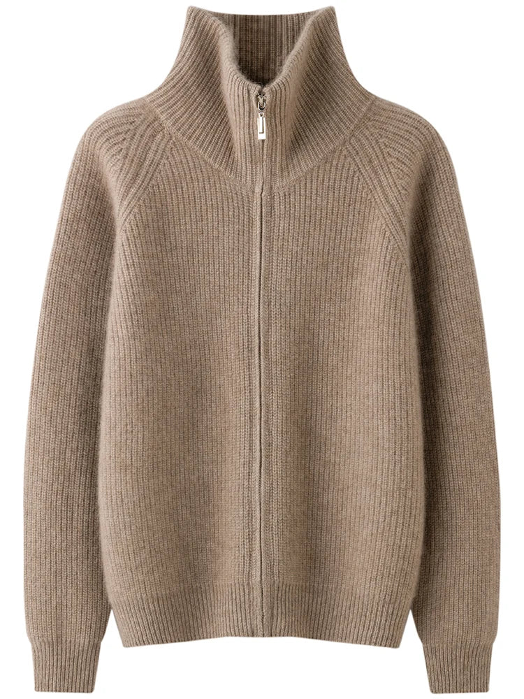 Autumn and winter women's clothing 100% pure cashmere collar thick knit zipper cardigan oversized coat sweater long sleeve loose