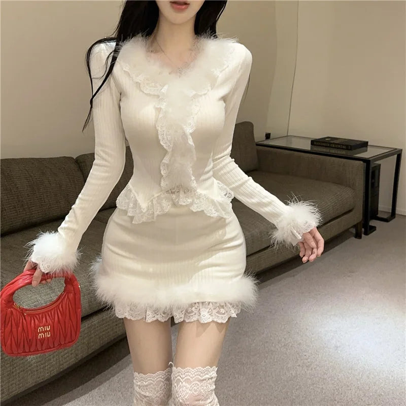 Autumn Winter Lace Splice Knitted Sve High Waist Slim Fit Bodycon Skirt Set V-Ne Soft Pure Desire Long Sve T-irt