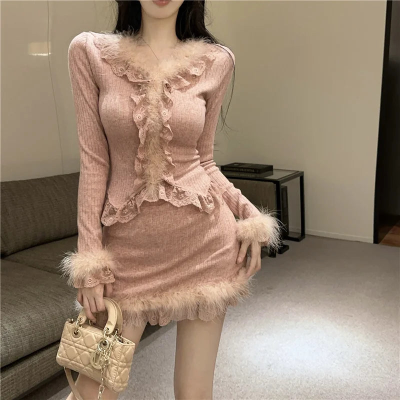 Autumn Winter Lace Splice Knitted Sve High Waist Slim Fit Bodycon Skirt Set V-Ne Soft Pure Desire Long Sve T-irt