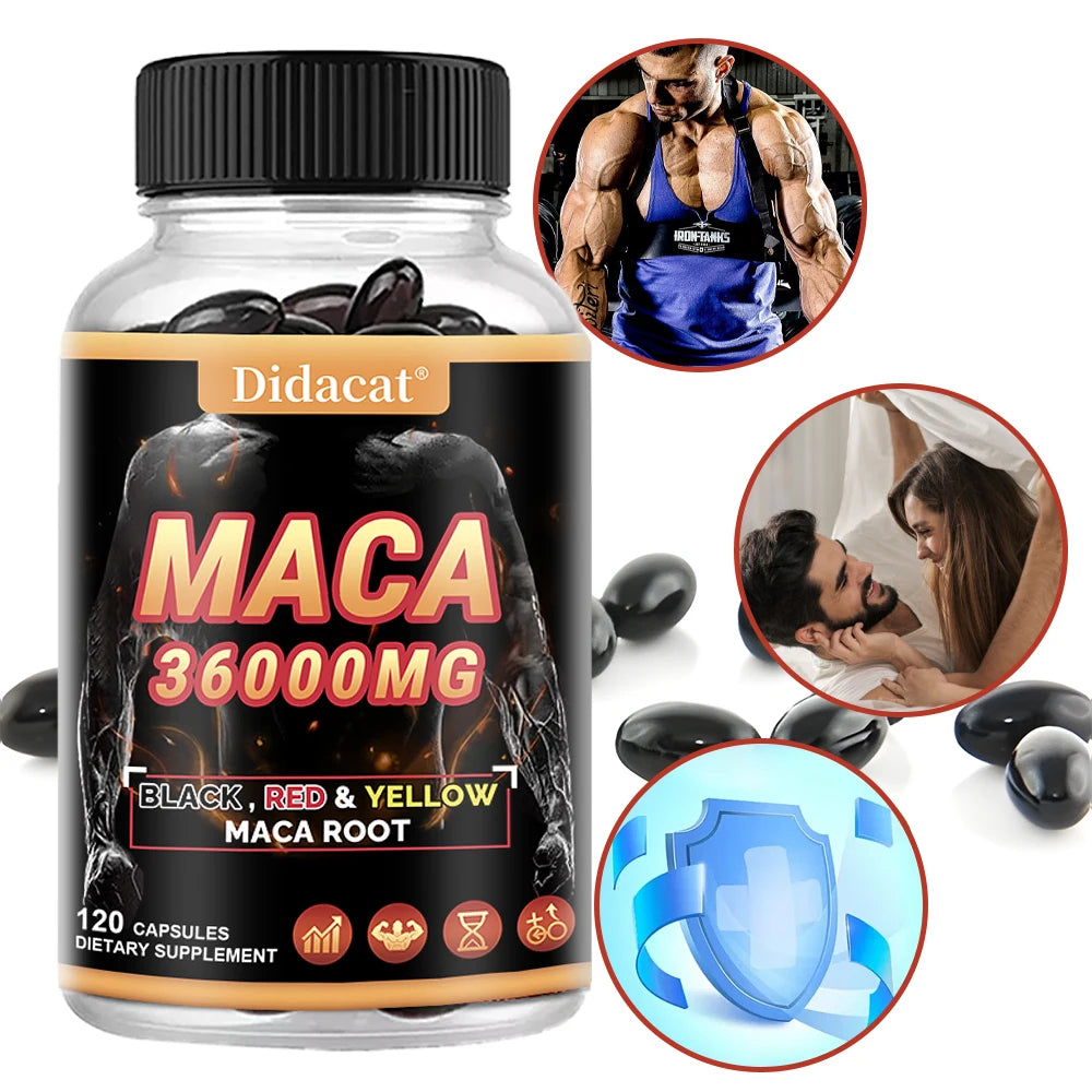 Organic Maca Root Powder Capsules with Black + Red + Yellow Maca Root Extract Supplement for Men and Women - 120 Capsules