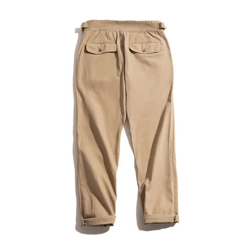 Maden Vintage Adjustable High Waist Gurkha Pants Khaki Casual Cargo Work Pants Classic Straight Trousers for Men's Spring Fall