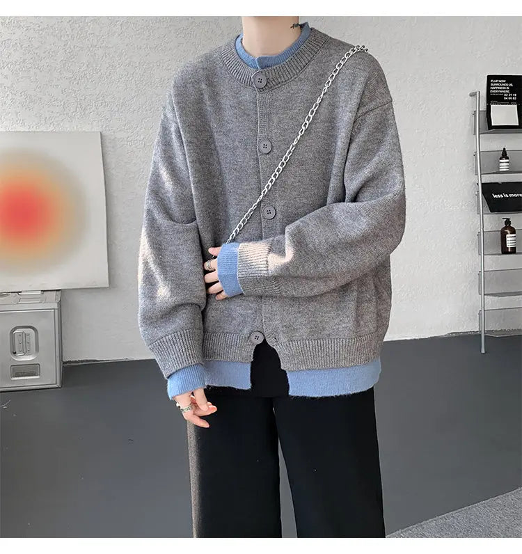Men's Casual Contrast Color Cardigan Sweater Loose Button Front Knitted Coat for Daily Wear