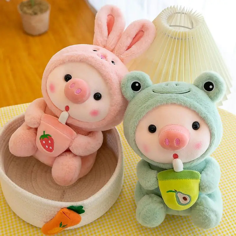 25cm Kawaii Bubble Pig Plush Toy Stuffed Animal Bunny Frog Tiger Soft Pillow Cup Milk Tea Boba Plushies Doll For Kids Girls Gift