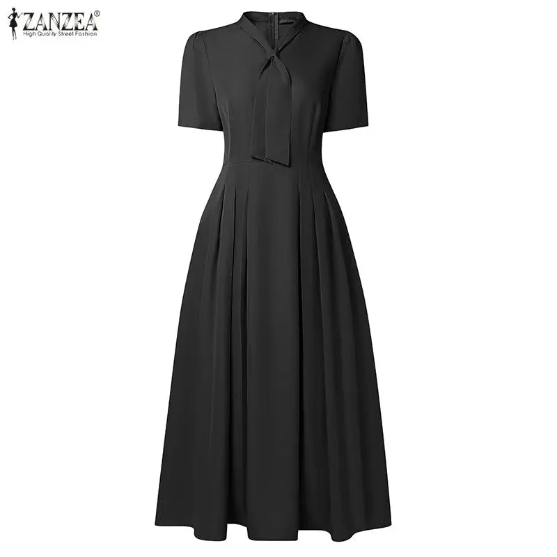 ZANZEA Elegant Office Lady Dresses Women 2026 Summer Dress Stylish A Line Waisted Party Sundress Short Sleeve Pleated Midi Robe