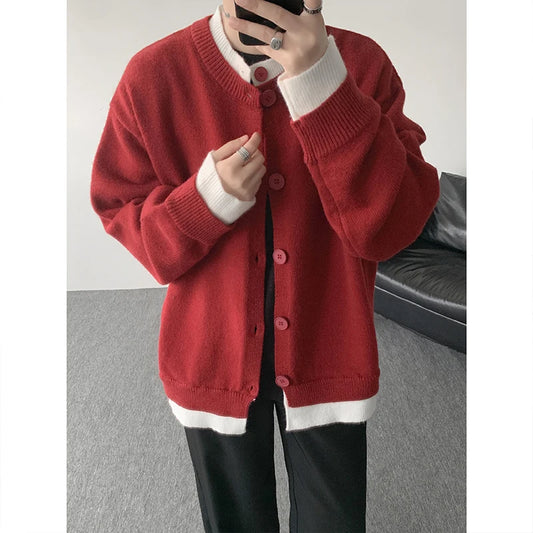 Men's Casual Contrast Color Cardigan Sweater Loose Button Front Knitted Coat for Daily Wear