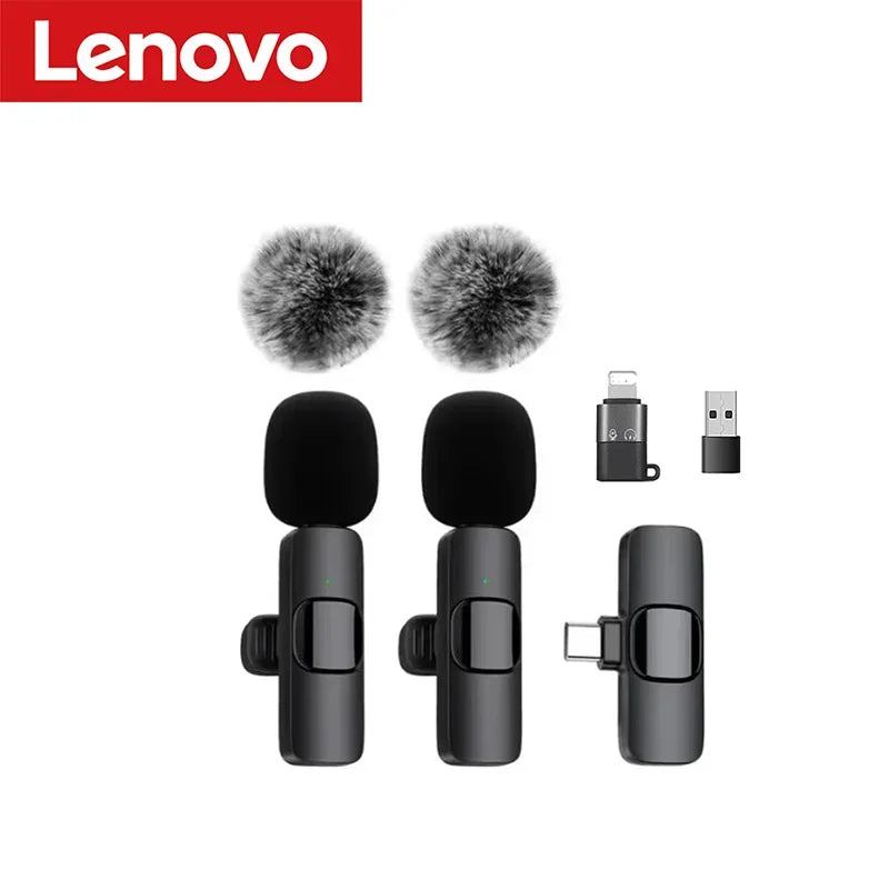Lenovo 2 In 1 Portable Wireless Lavalier Microphone for Live Broadcast Gaming Audio Video Recording iPhone Android Mini Mic