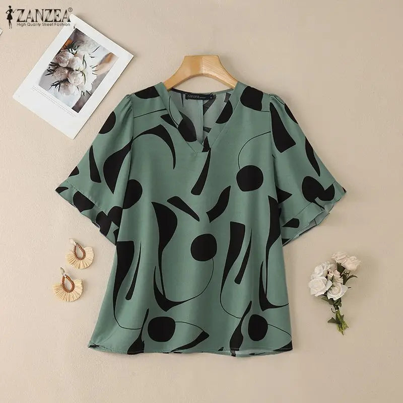 2026 ZANZEA Summer Blouse Women Casual V Neck Short Sleeve Printed Tops Female Loose Chemise Tunic Elegant Work Shirt Oversize