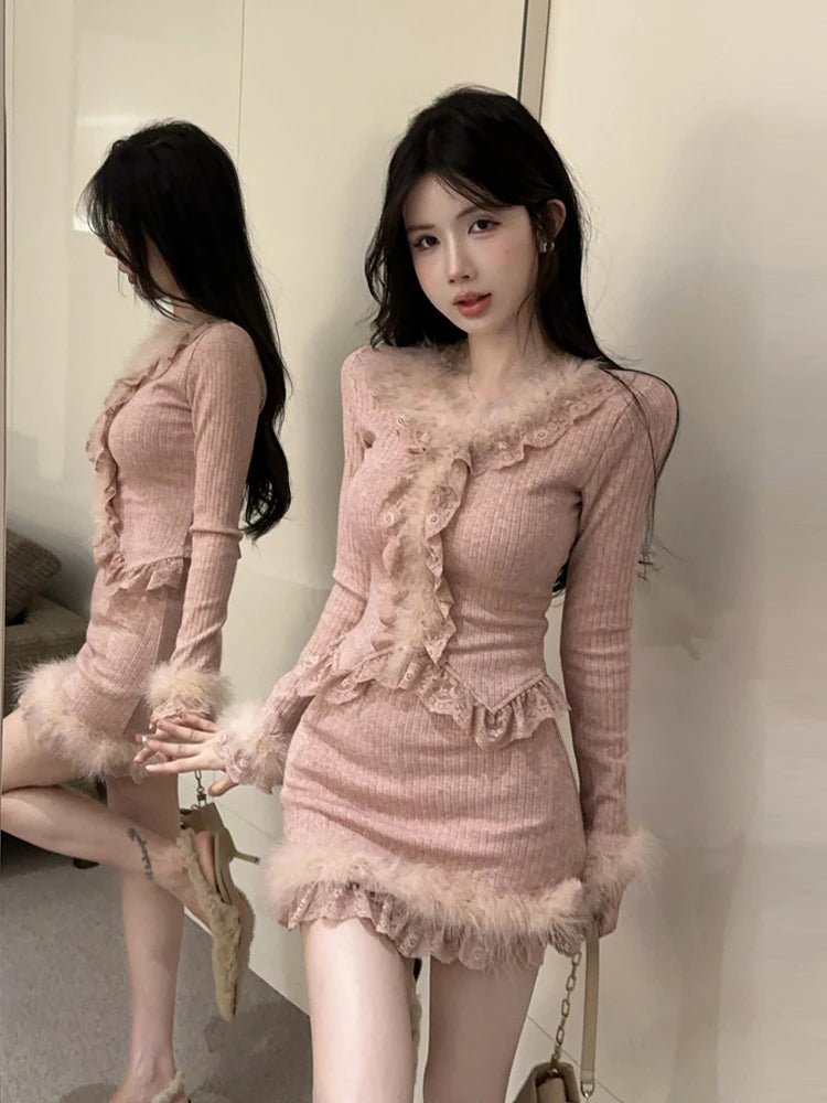 Autumn Winter Lace Splice Knitted Sve High Waist Slim Fit Bodycon Skirt Set V-Ne Soft Pure Desire Long Sve T-irt