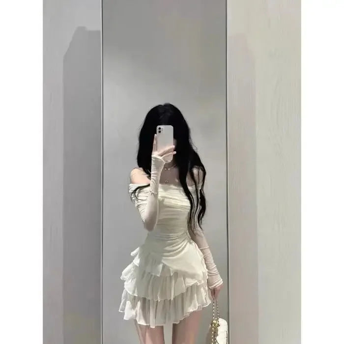 Elegant High-End Feel Summer Fashion 2-Piece Set For Women Off-Shoulder Slimming Top With Cake Skirt Versatile Stylish Dressing