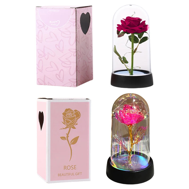 Artificial Rose Flowers Eternal Rose LED Light Foil Flower in Glass Cover Simulation Rose Flower Christmas Valentine's Day Gifts
