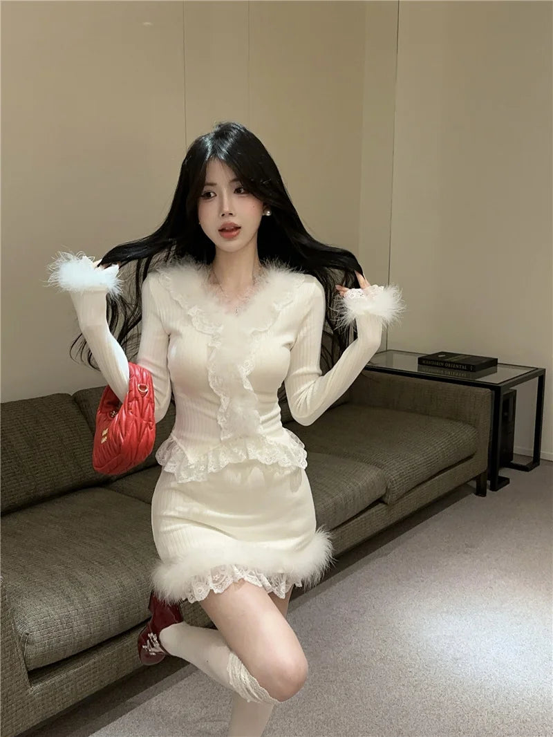 Autumn Winter Lace Splice Knitted Sve High Waist Slim Fit Bodycon Skirt Set V-Ne Soft Pure Desire Long Sve T-irt